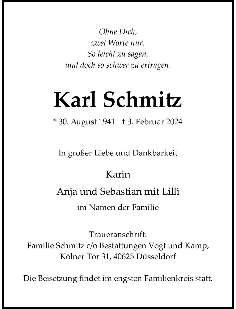  Traueranzeige für Karl Schmitz vom 10.02.2024 aus Rheinische Post