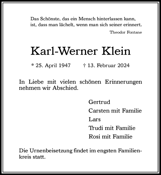 Traueranzeige von Karl-Werner Klein von Rheinische Post