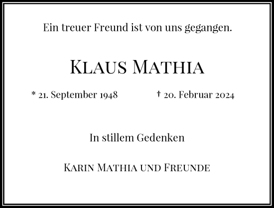 Traueranzeige von Klaus Mathia von Rheinische Post