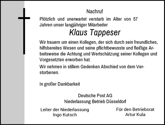 Traueranzeige von Klaus Tappeser von Rheinische Post