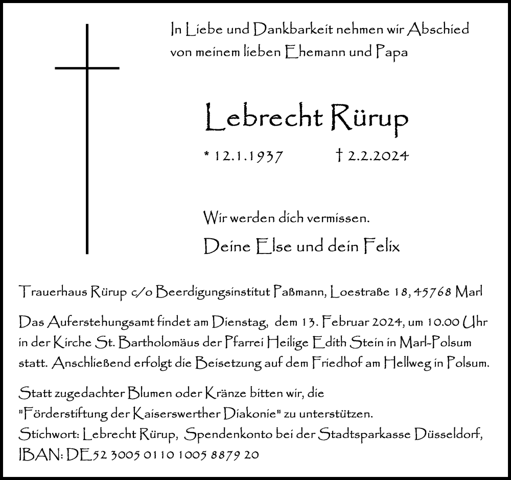  Traueranzeige für Lebrecht Rürup vom 10.02.2024 aus Rheinische Post