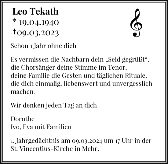 Traueranzeige von Leo Tekath von Rheinische Post