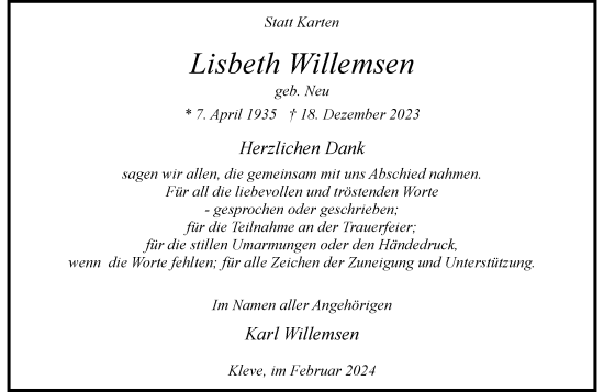 Traueranzeige von Lisbeth Willemsen von Rheinische Post