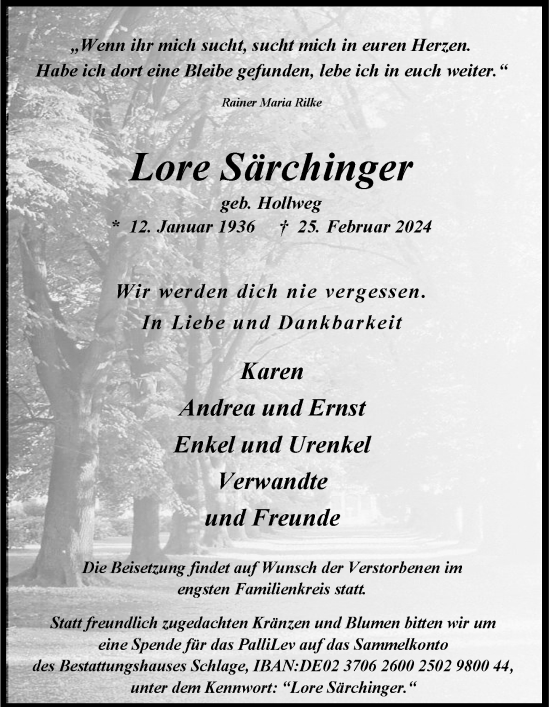 Traueranzeige von Lore Särchinger von Rheinische Post
