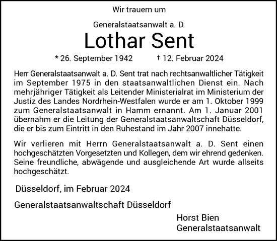 Traueranzeige von Lothar Sent von Rheinische Post