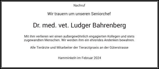 Traueranzeige von Ludger Bahrenberg von Rheinische Post