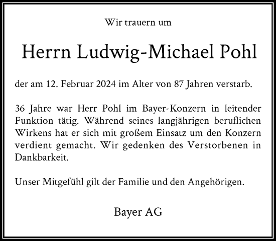 Traueranzeige von Ludwig-Michael Pohl von Rheinische Post