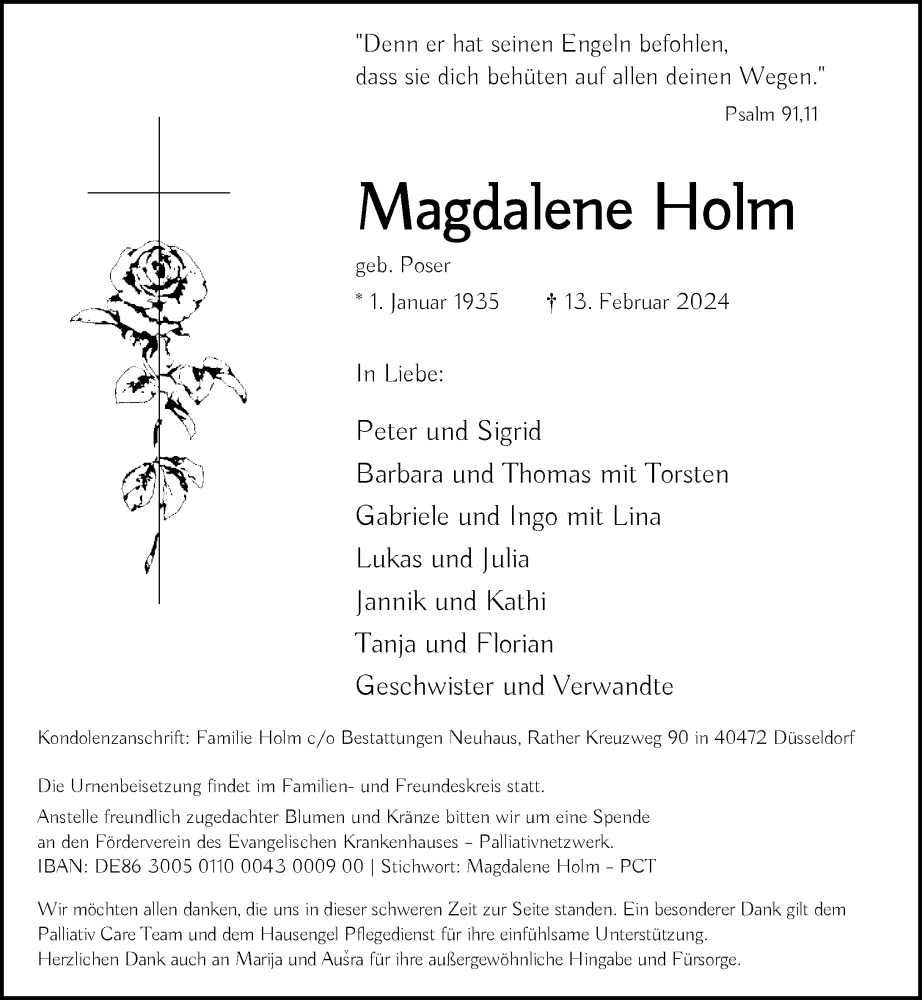  Traueranzeige für Magdalene Holm vom 17.02.2024 aus Rheinische Post