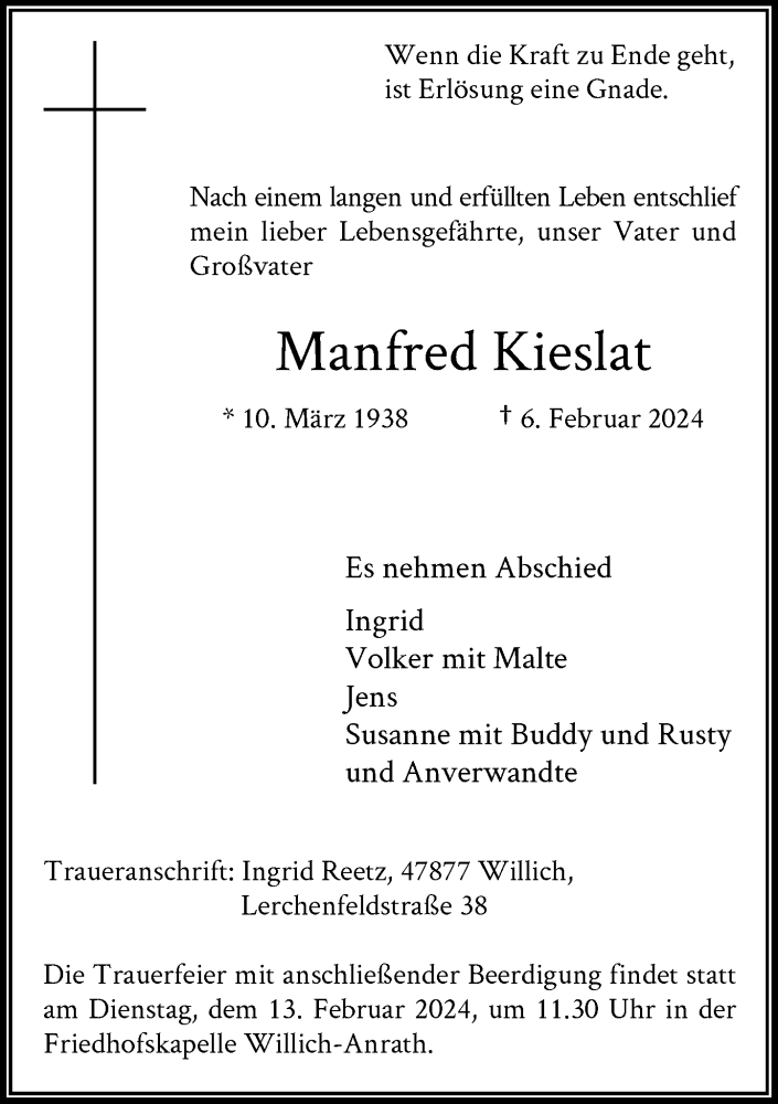  Traueranzeige für Manfred Kieslat vom 10.02.2024 aus Rheinische Post