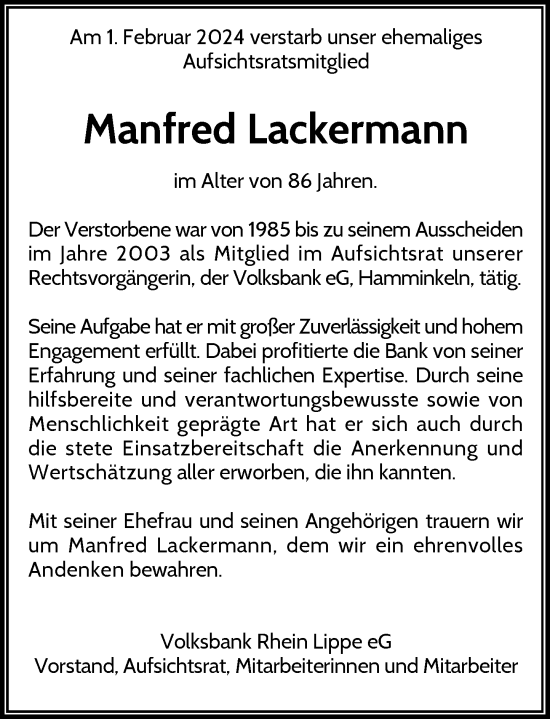 Traueranzeige von Manfred Lackermann von Rheinische Post