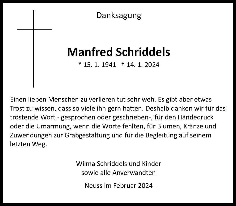  Traueranzeige für Manfred Schriddels vom 24.02.2024 aus Rheinische Post