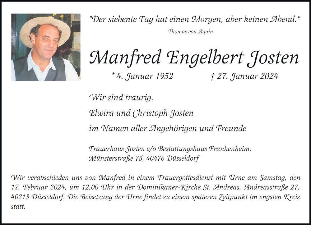  Traueranzeige für Manfred Engelbert Josten vom 10.02.2024 aus Rheinische Post