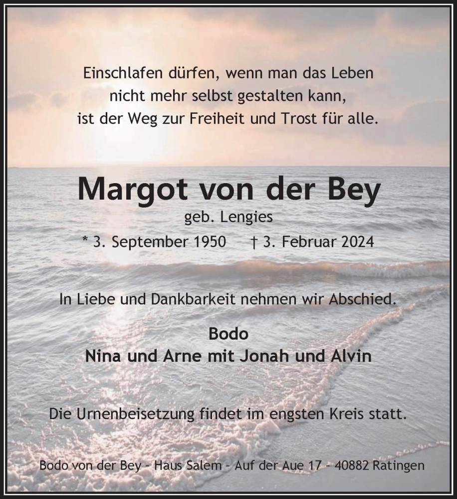  Traueranzeige für Margot von der Bey vom 10.02.2024 aus Rheinische Post