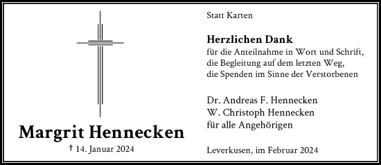 Traueranzeige von Margrit Hennecken von Rheinische Post