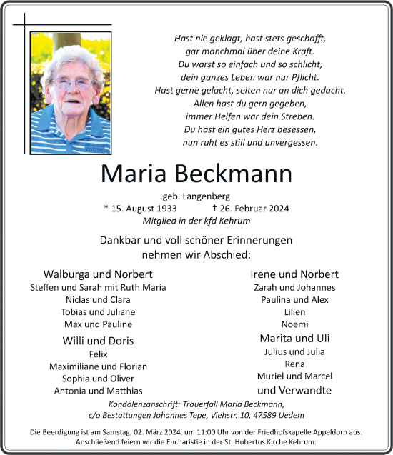 Traueranzeige von Maria Beckmann von Rheinische Post