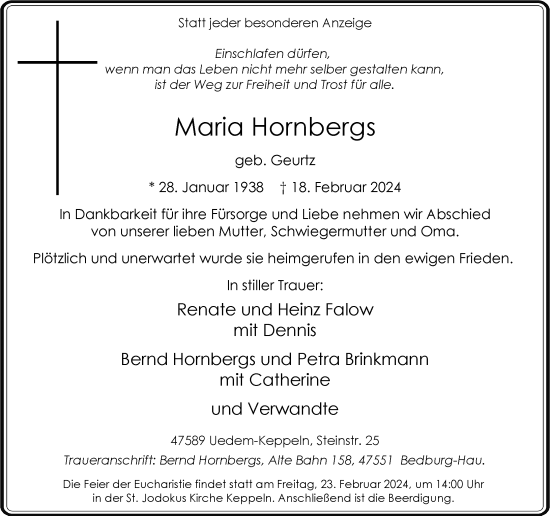Traueranzeige von Maria Hornbergs von Rheinische Post