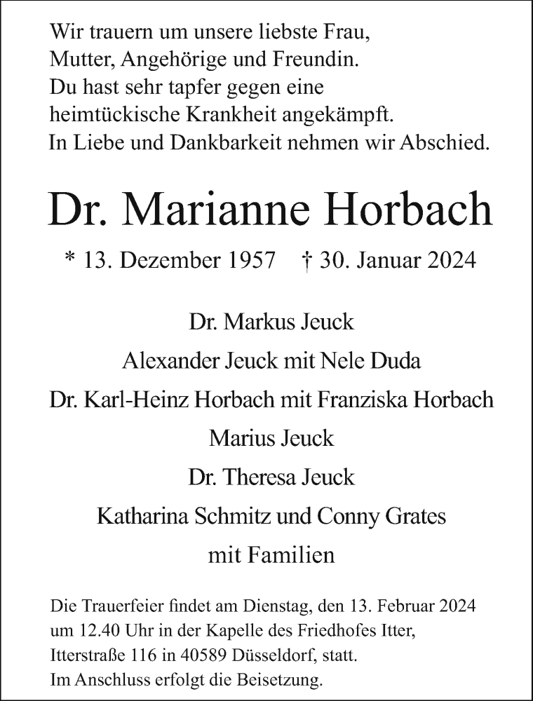 Traueranzeige für Marianne Horbach vom 10.02.2024 aus Rheinische Post