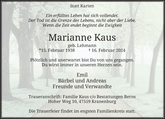 Traueranzeige von Marianne Kaus von Rheinische Post