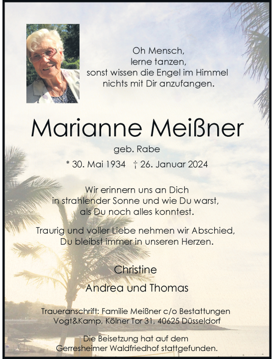 Traueranzeige von Marianne Meißner von Rheinische Post
