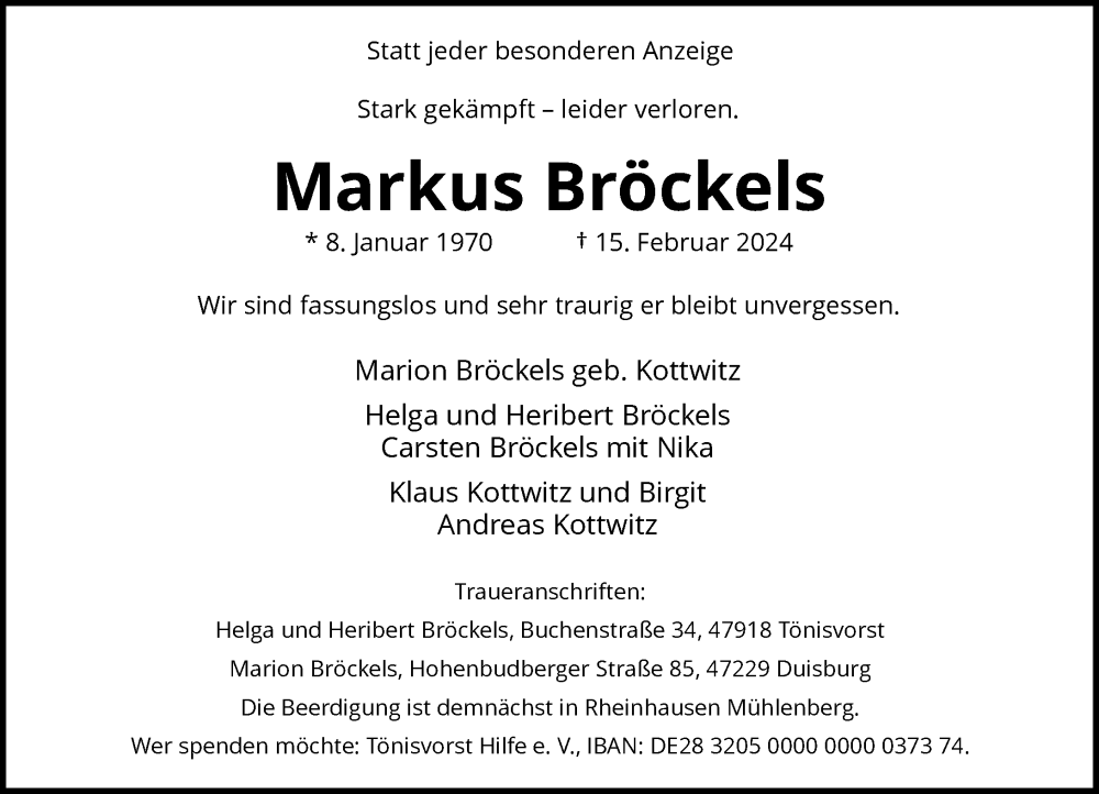  Traueranzeige für Markus Bröckels vom 17.02.2024 aus Rheinische Post
