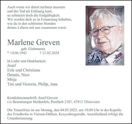 Traueranzeige von Marlene Greven von Rheinische Post