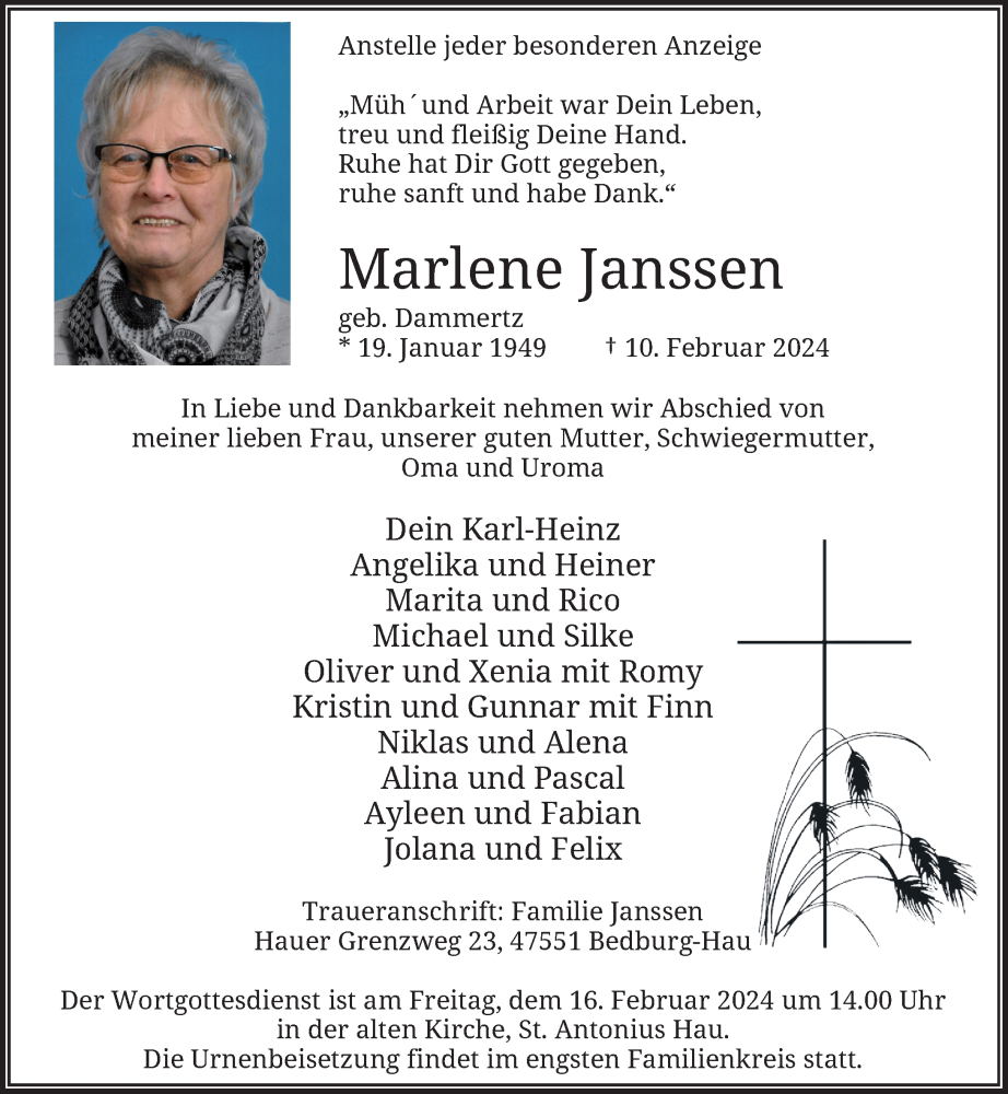  Traueranzeige für Marlene Janssen vom 14.02.2024 aus Rheinische Post