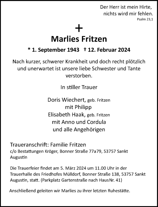 Traueranzeige von Marlies Fritzen von Rheinische Post