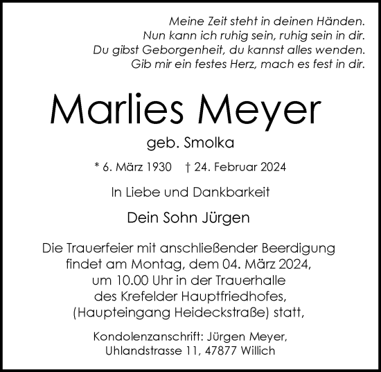 Traueranzeige von Marlies Meyer von Rheinische Post