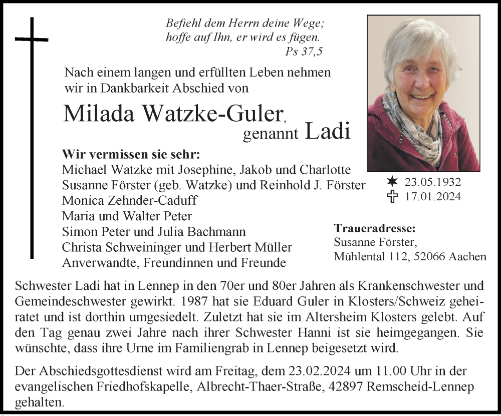  Traueranzeige für Milada Watzke-Guler vom 10.02.2024 aus Rheinische Post