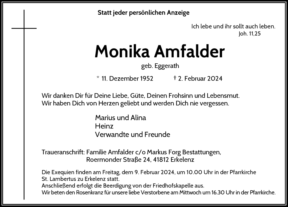  Traueranzeige für Monika Amfalder vom 06.02.2024 aus Rheinische Post