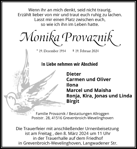 Traueranzeige von Monika Provaznik von Rheinische Post