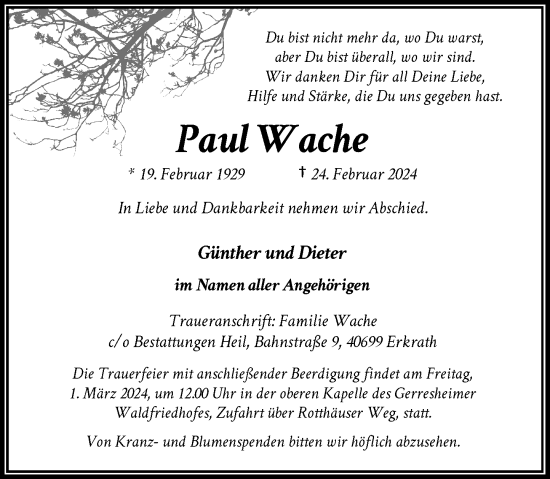 Traueranzeige von Paul Wache von Rheinische Post