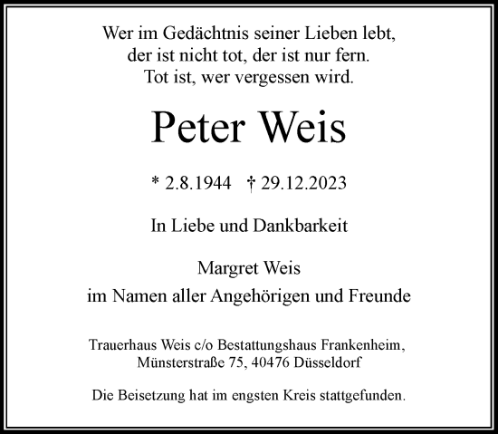 Traueranzeige von Peter Weis von Rheinische Post