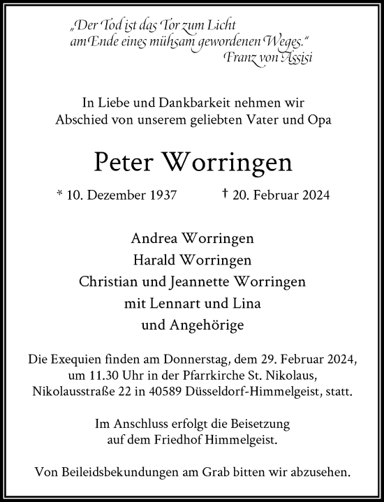 Traueranzeige von Peter Worringen von Rheinische Post