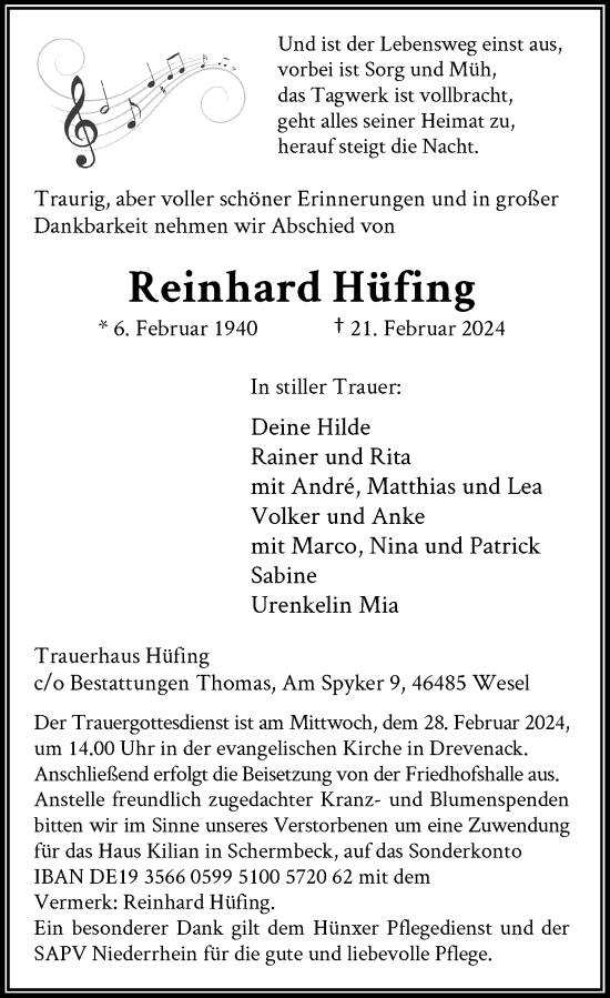 Traueranzeige von Reinhard Hüfing von Rheinische Post
