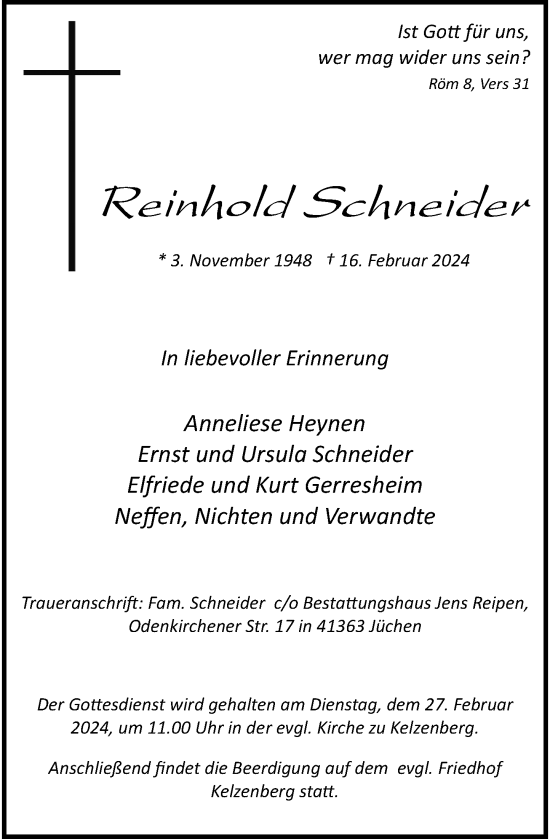 Traueranzeige von Reinhold Schneider von Rheinische Post