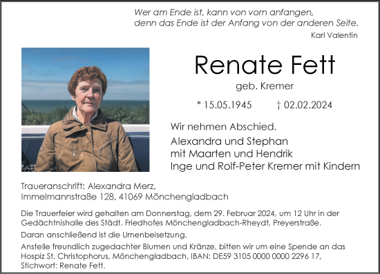 Traueranzeige von Renate Fett von Rheinische Post