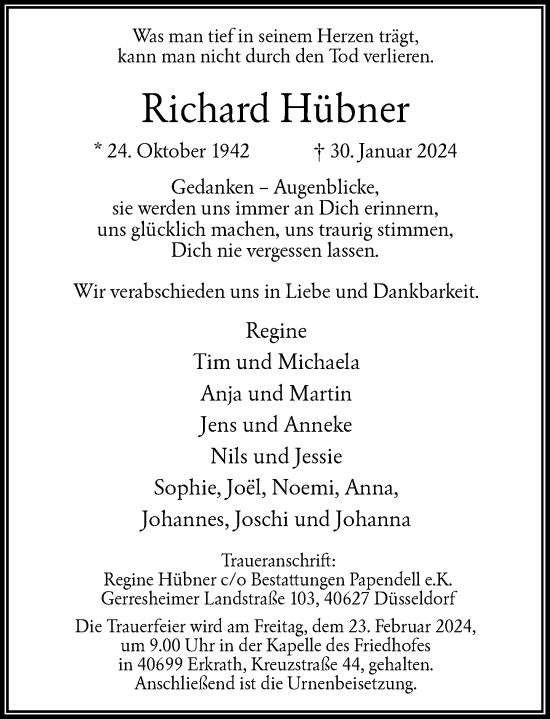 Traueranzeige von Richard Hübner von Rheinische Post