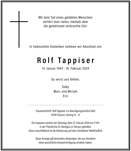 Traueranzeige von Rolf Tappiser von Rheinische Post