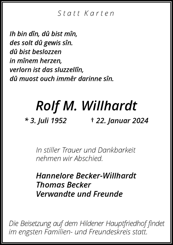 Traueranzeige von Rolf Willhardt von Rheinische Post