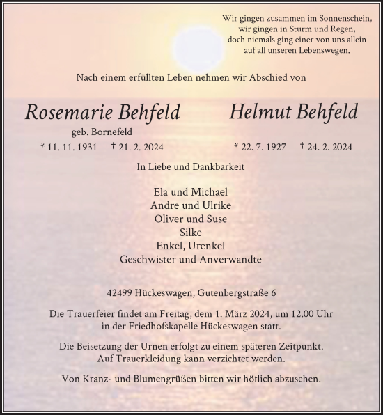 Traueranzeige von Rosemarie Behfeld von Rheinische Post