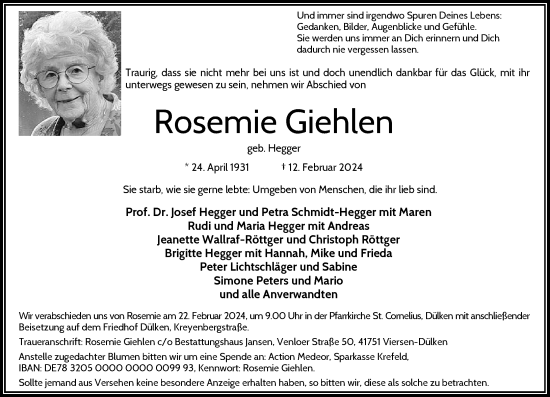 Traueranzeige von Rosemie Giehlen von Rheinische Post