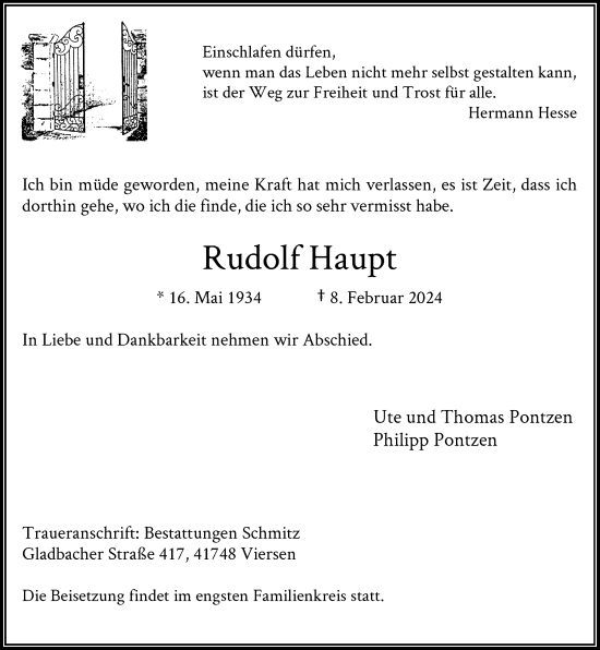Traueranzeige von Rudolf Haupt von Rheinische Post
