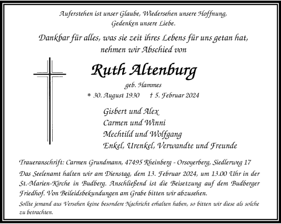 Traueranzeige von Ruth Altenburg von Rheinische Post