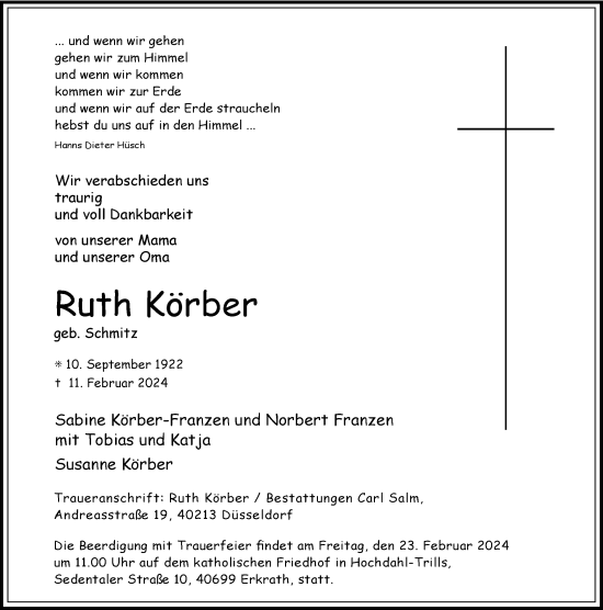 Traueranzeige von Ruth Körber von Rheinische Post