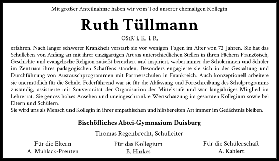 Traueranzeige von Ruth Tüllmann von Rheinische Post