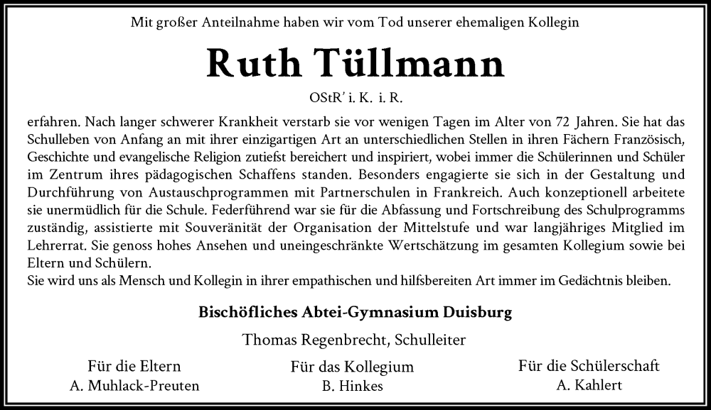  Traueranzeige für Ruth Tüllmann vom 14.02.2024 aus Rheinische Post