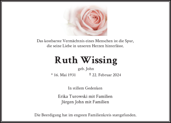 Traueranzeige von Ruth Wissing von Rheinische Post