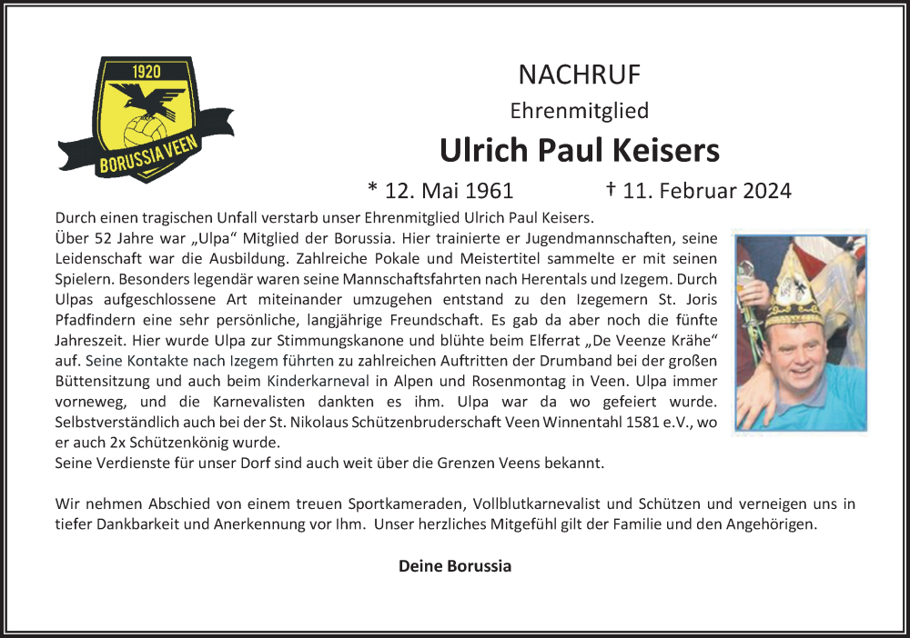  Traueranzeige für Ulrich Paul Keisers vom 16.02.2024 aus Rheinische Post