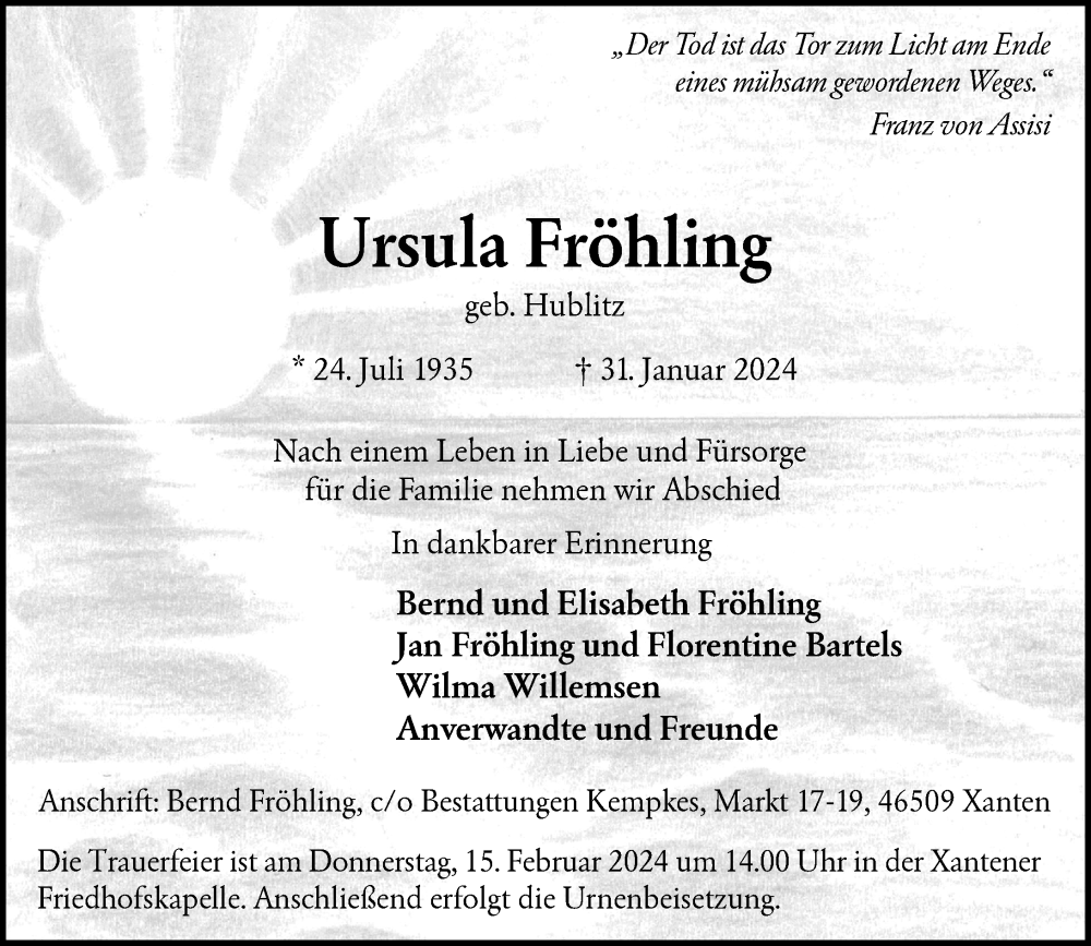  Traueranzeige für Ursula Fröhling vom 10.02.2024 aus Rheinische Post